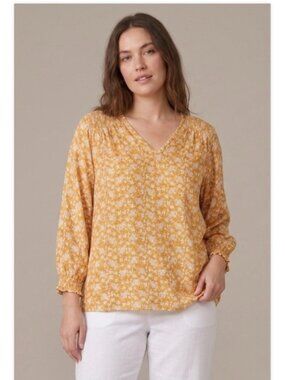 Cynthia Rowley Yellow Boho Floral Long Sleeve V-Neck Blouse Top Cottagecore XL